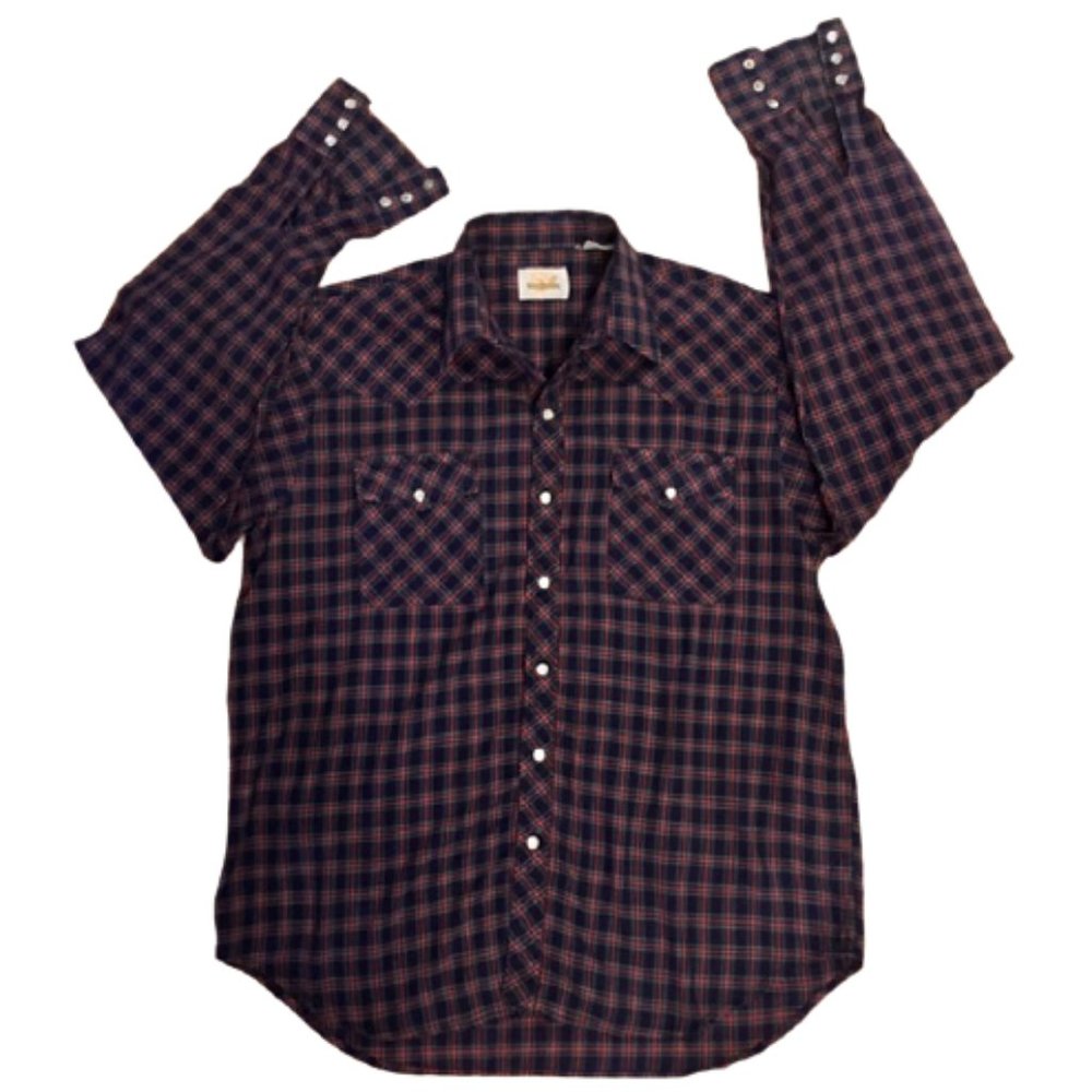 Wingars Western Shirt Plaid Navy Red Vintage 80s Pearl Snaps XL